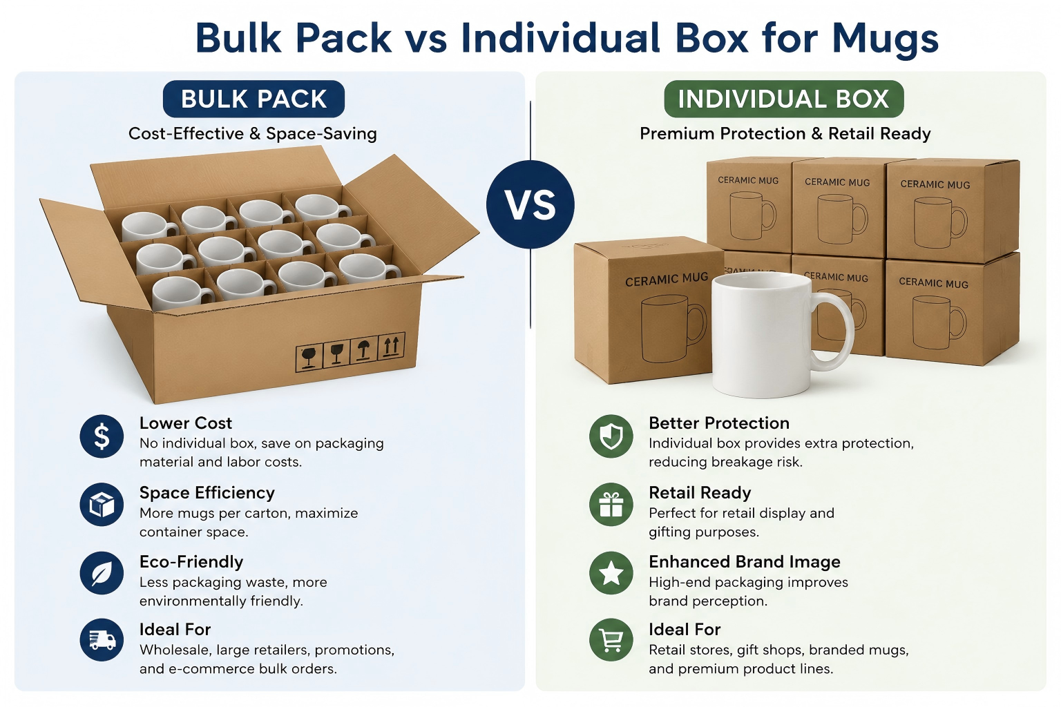Bulk Pack vs Individual Box for Mugs Comparing bulk packaging vs individual retail boxes for wholesale ceramic mugs to show the impact on shipping costs