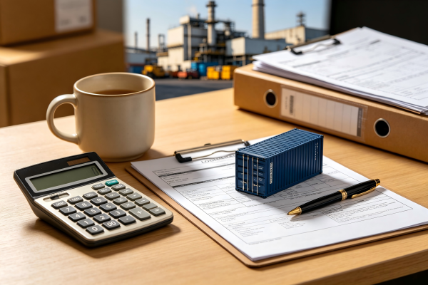 Calculating Landed Cost for Mugs A calculator next to a shipping container and a ceramic mug