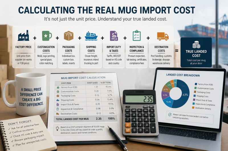 Calculating the Real Mug Import Cost A calculator and a ceramic mug on a stack of shipping documents, illustrating the hidden costs of ceramic mug sourcing