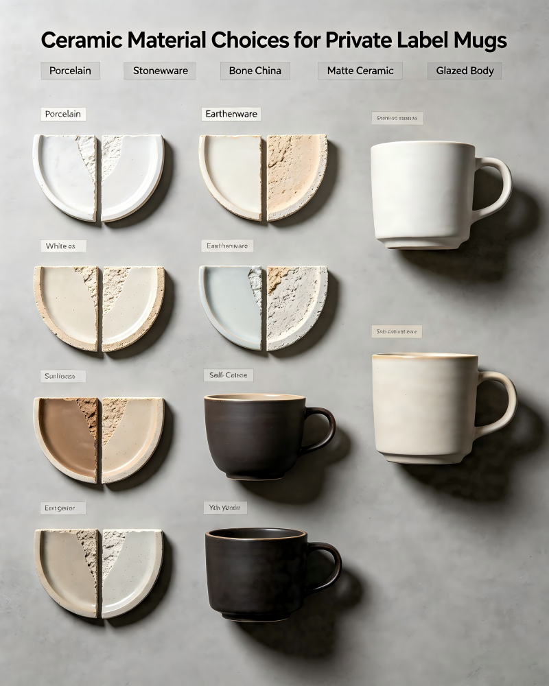 Ceramic Material Choices for Private Label Mugs A close-up comparison of stoneware and porcelain ceramic textures, key materials in private label ceramic mug manufacturing
