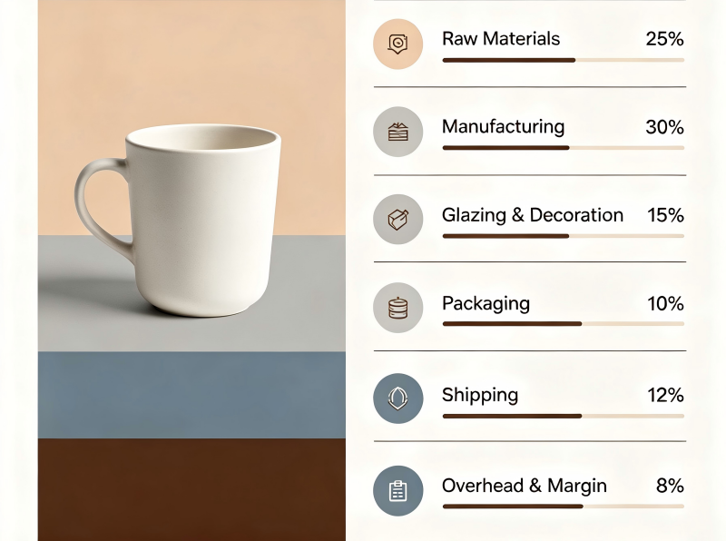 A pie chart illustrating the different components of a ceramic mug cost breakdown
