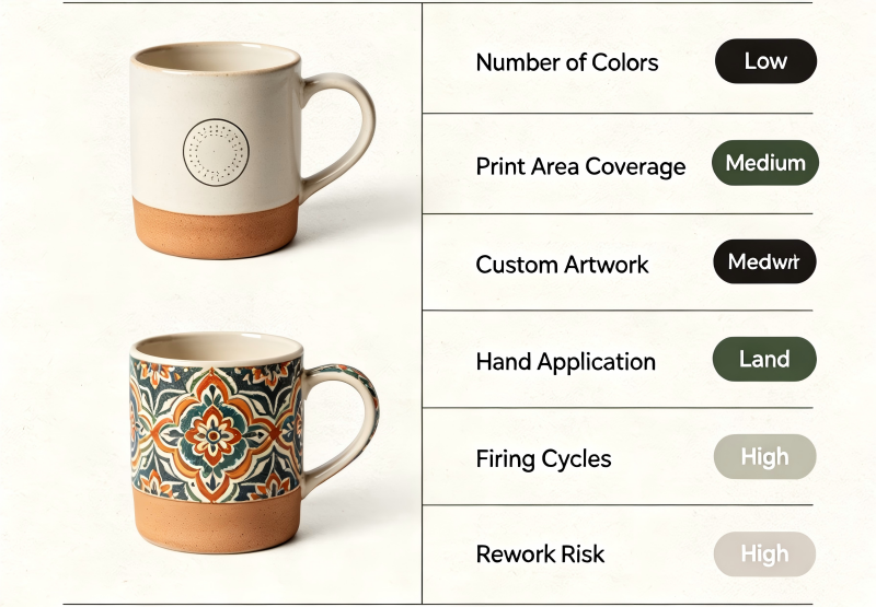 Two ceramic mugs side-by-side, one simple and one with complex decoration, showing cost drivers