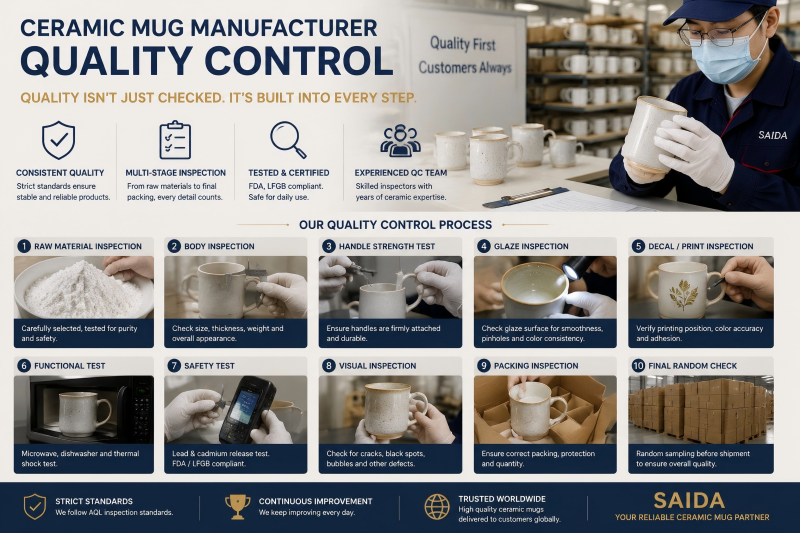 Ceramic Mug Manufacturer Quality Control A factory quality control inspector checking ceramic mugs on a production line.