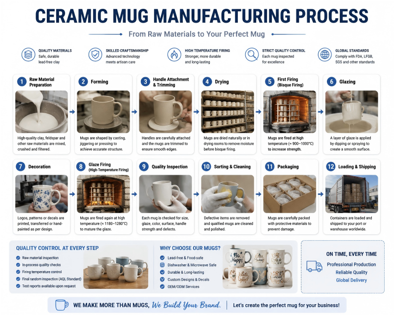 Rows of unfinished mugs in a ceramic mug factory in China, showing the scale of the ceramic mug manufacturing process.
