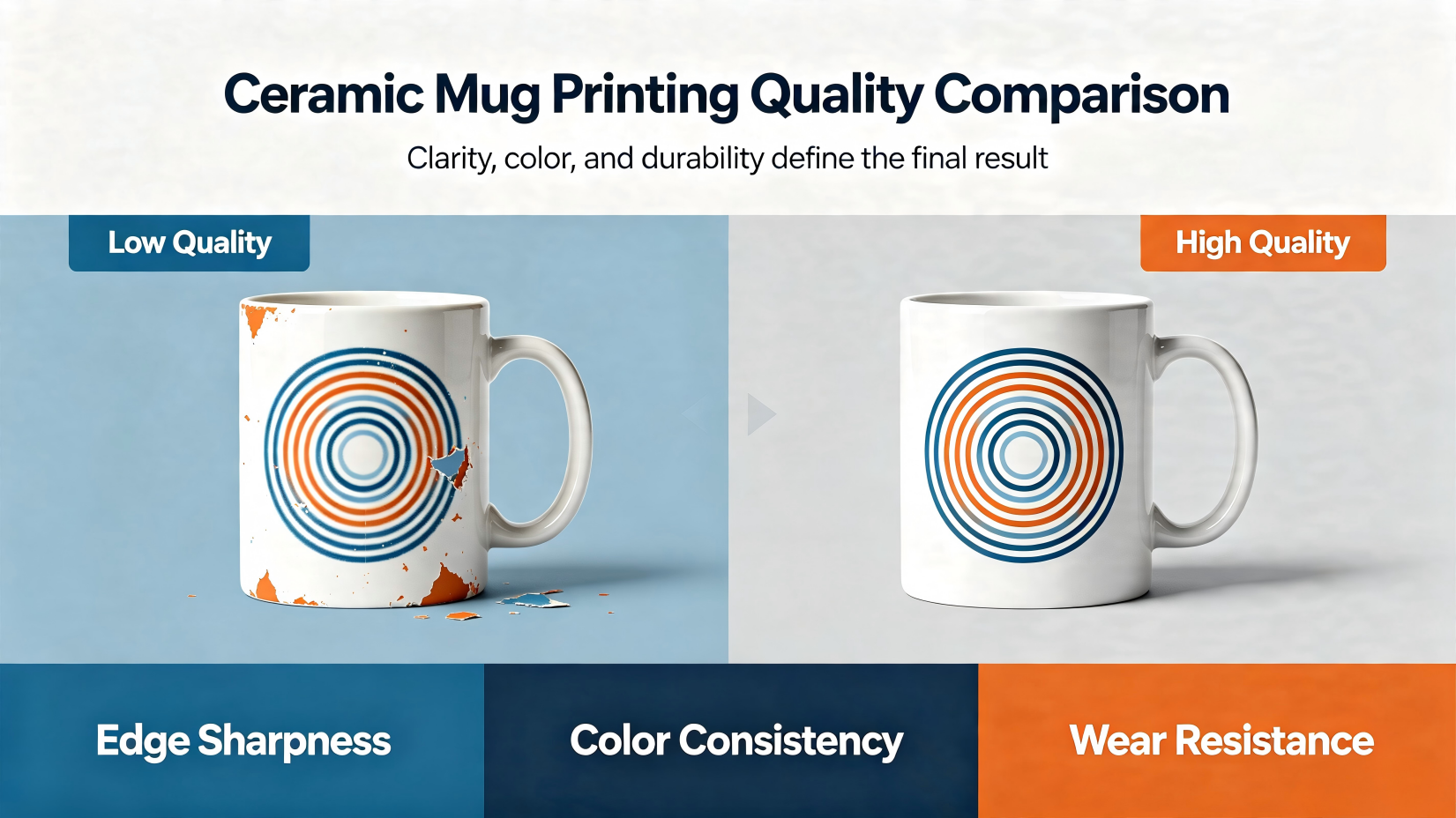 Ceramic Mug Printing Quality Comparison Close-up showing the difference between a crisp decal print and a faded sublimation on custom ceramic mugs