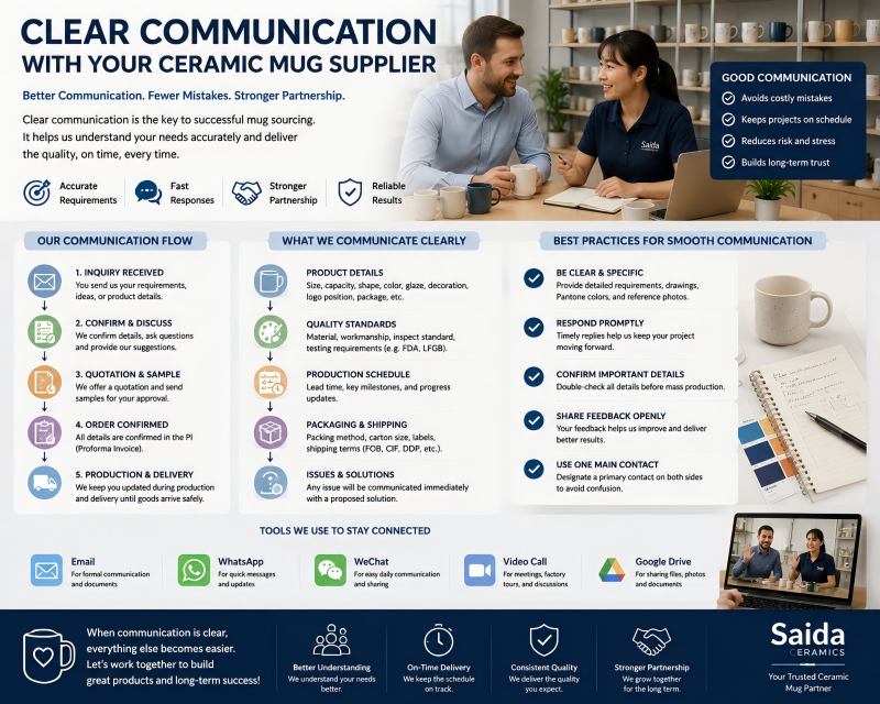Clear Communication with Your Ceramic Mug Supplier Two business people having a video call with a custom mug manufacturer on a laptop screen.