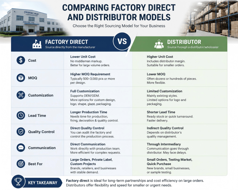 A side-by-side infographic comparing the attributes of factory direct sourcing and distributor purchasing.