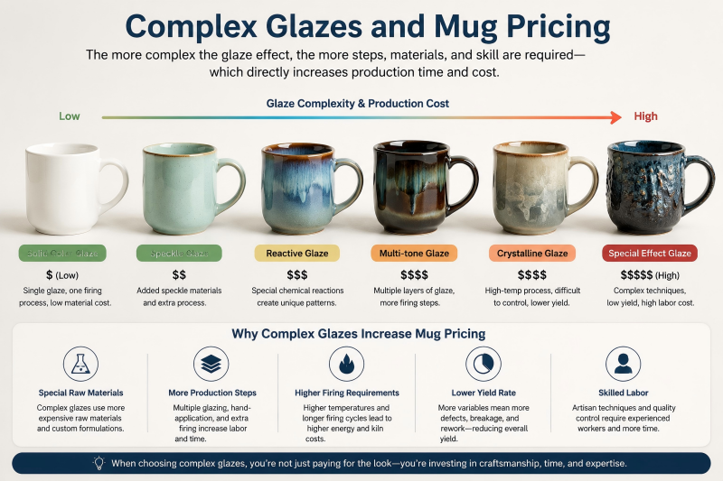 Close-up of a reactive glaze on a mug, a key factor in wholesale ceramic mug pricing