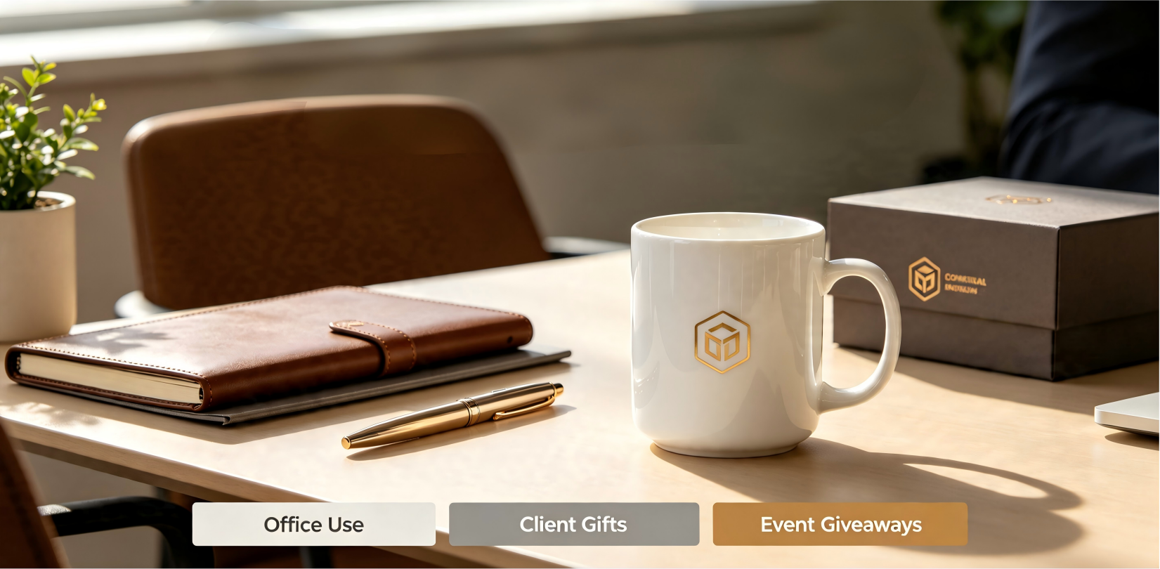 Contextual Corporate Gift Mugs Two types of corporate gift mugs: a simple branded mug for a trade show and an elegant porcelain mug for a client
