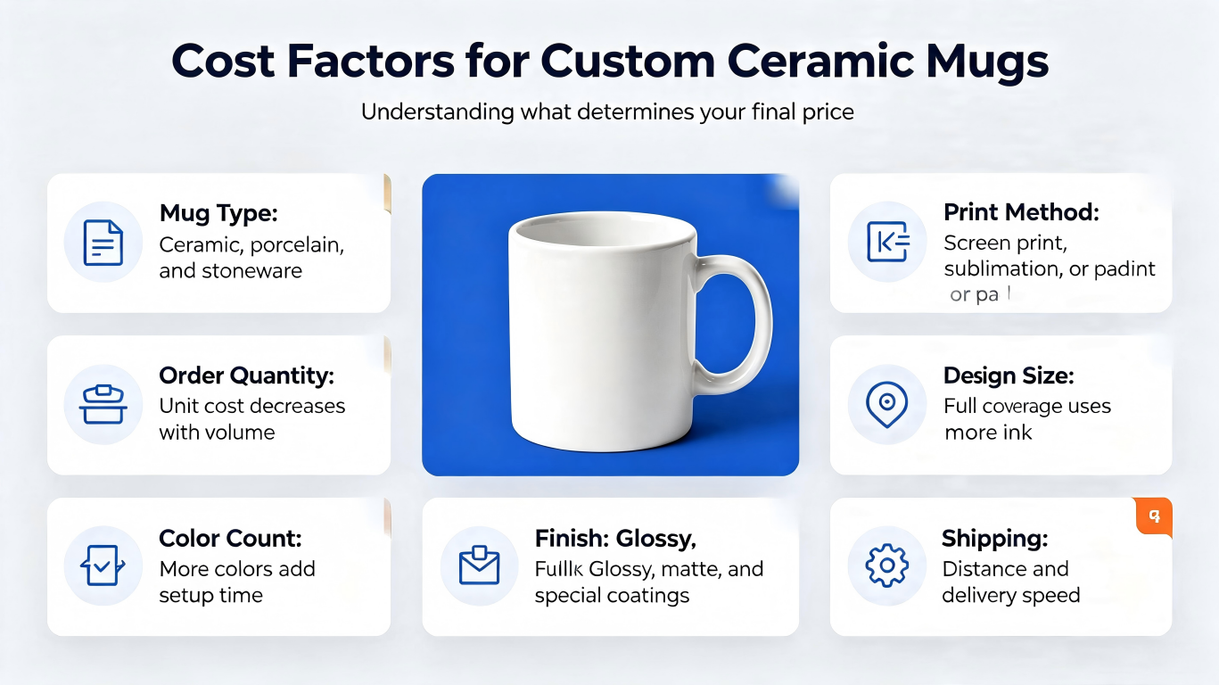Cost Factors for Custom Ceramic Mugs An infographic showing the factors that influence the cost of custom ceramic mugs for corporate gifts