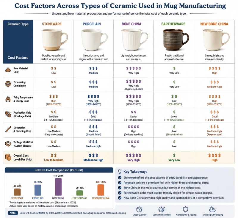 Cost factors across types of ceramic used in mug manufacturing cost comparison of types of ceramic used in mug manufacturing for wholesale ceramic mug materials