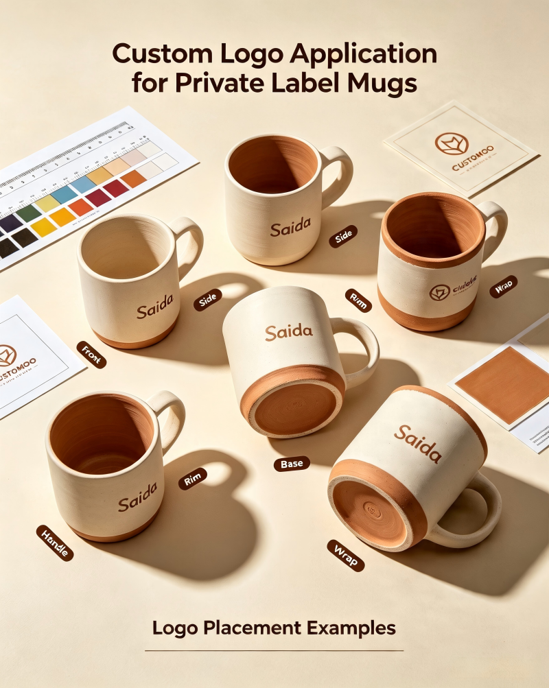 Custom Logo Application for Private Label Mugs A factory worker carefully applying a custom logo decal to a mug before firing, a key step in custom printed mugs manufacturing