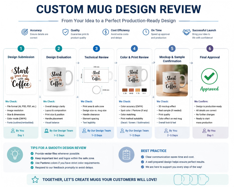 Designer reviewing a technical drawing for a custom logo mug supplier.