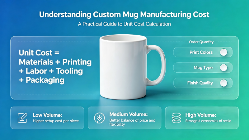 A detailed cost breakdown document next to a custom ceramic mug, illustrating the concept of custom mug manufacturing cost