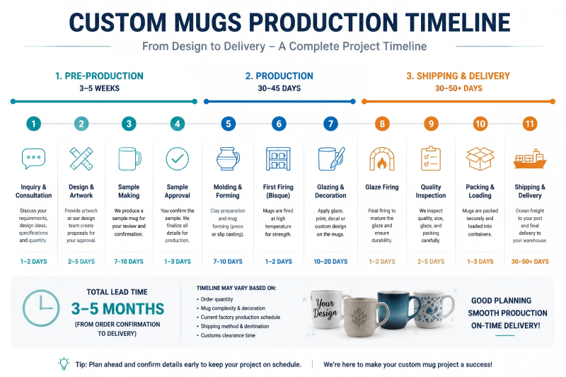 A detailed project plan showing the custom mugs production time from design to delivery.