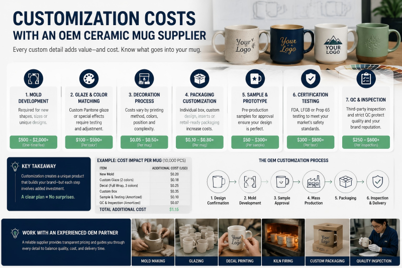 Customization Costs with an OEM Ceramic Mug Supplier A designer reviewing color swatches and design proofs with a custom mug manufacturer.