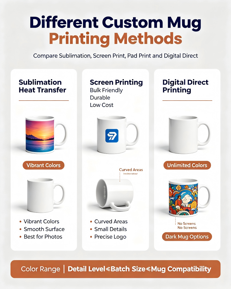 Different Custom Mug Printing Methods A collection of custom printed mugs showing different printing methods