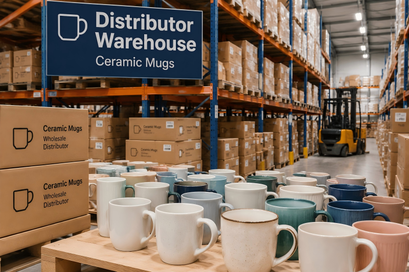 Warehouse shelves neatly stocked with boxes of ready-to-ship ceramic mugs.