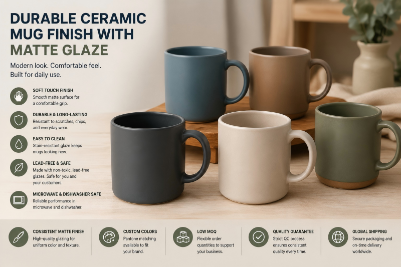 A collection of minimalist matte-finished ceramic mugs in neutral tones