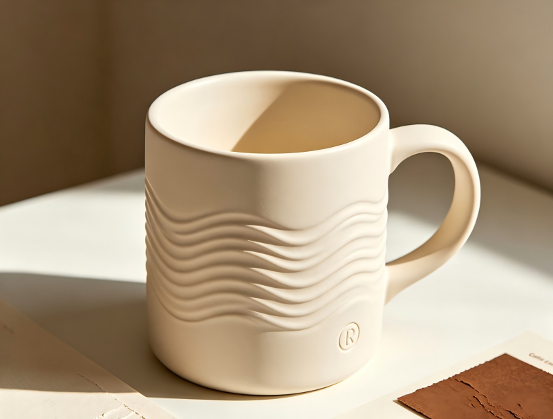 Etched Custom Mug with Texture A custom mug with an etched logo providing a textured feel