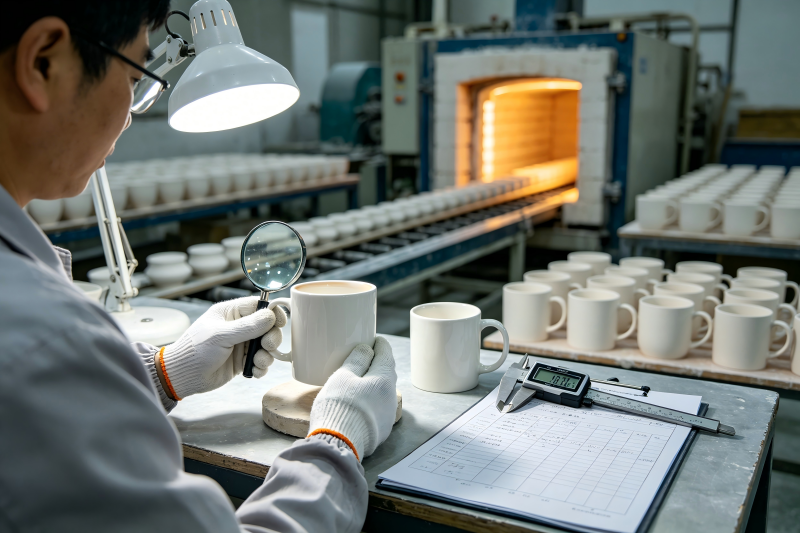 Evaluating a ceramic mug factory for quality A person inspecting a ceramic mug in a factory setting