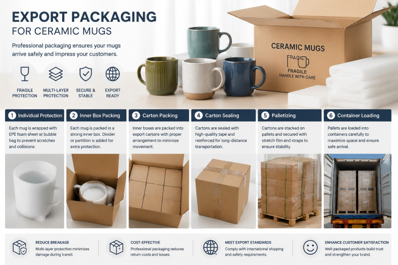 A worker packing bulk ceramic mugs into a reinforced export carton, a key part of total ceramic mug pricing
