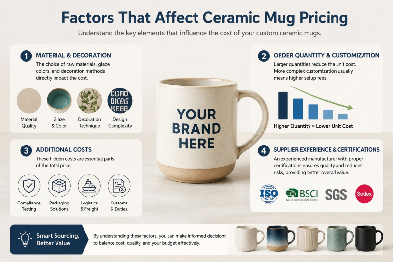 A stack of different ceramic mugs illustrating the factors that affect ceramic mug pricing