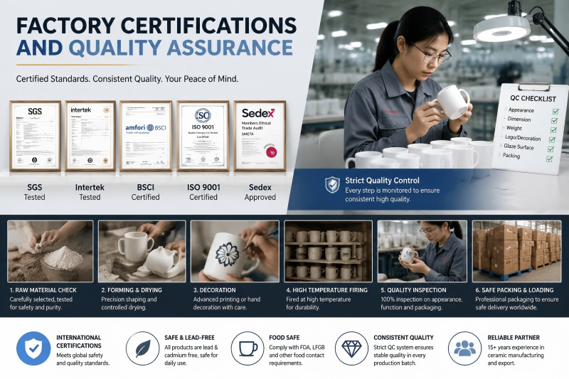 BSCI and ISO9001 certificates on a wall, showing how supplier quality affects ceramic mug pricing