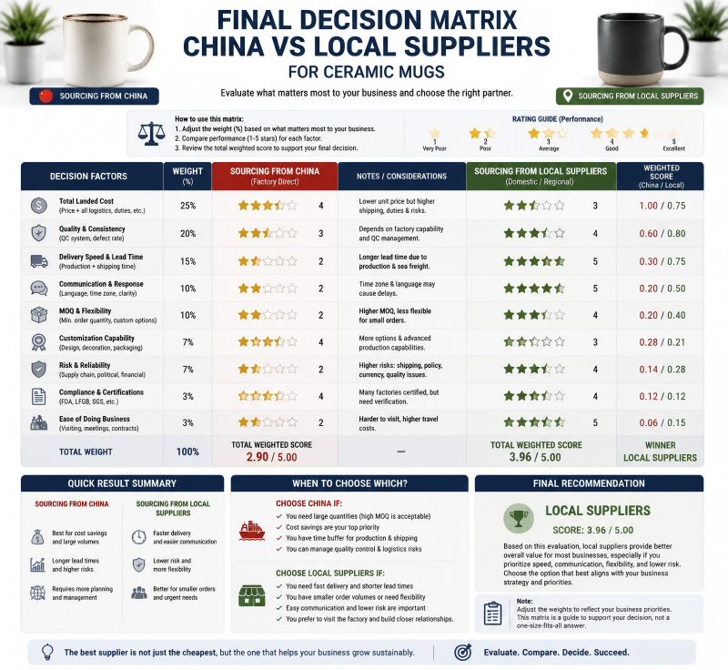final decision matrix China vs local suppliers for ceramic mugs