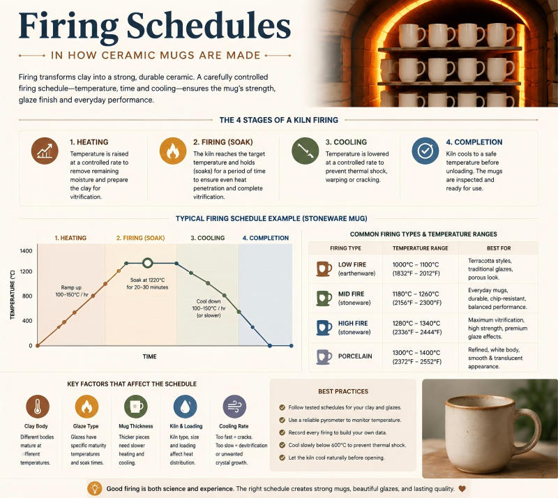 Firing schedules in how ceramic mugs are made How ceramic mugs are made in the kiln — firing profiles and durability