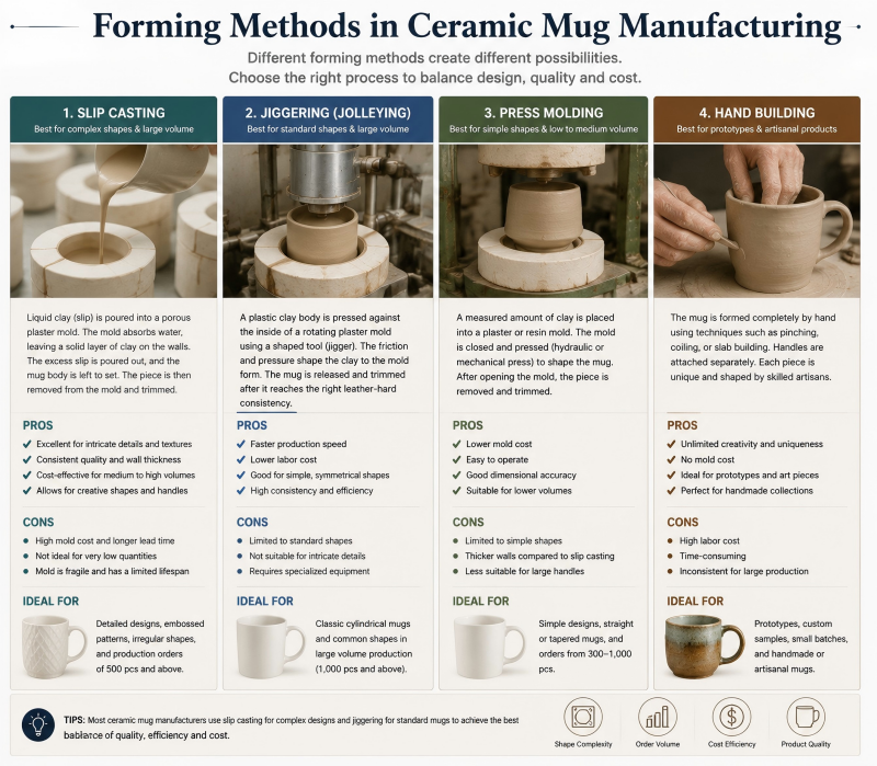 Forming Methods in Ceramic Mug Manufacturing Side-by-side images of slip casting molds, a jiggering machine, and a ram press used in a ceramic mug factory.