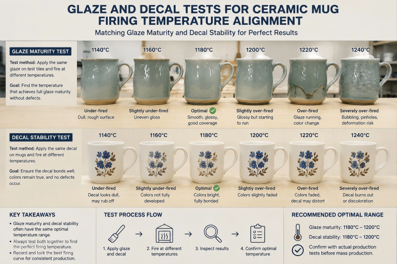 Glaze and decal tests for ceramic mug firing temperature alignment glaze fit and artwork vs ceramic mug firing temperature on test tiles