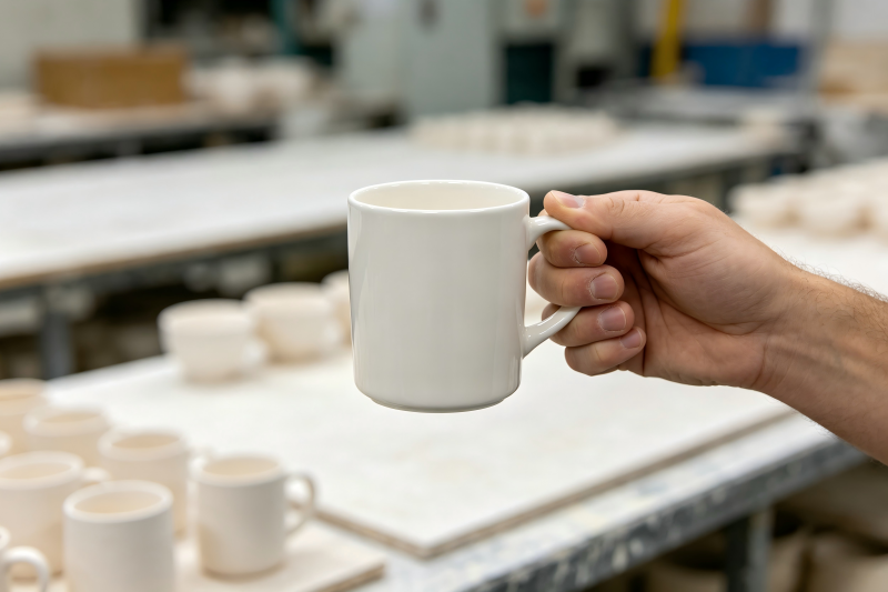 Golden Sample vs Production Sample Mug A hand holding a perfect ceramic mug sample
