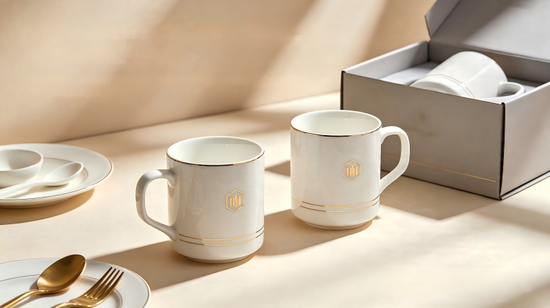 High-Quality Custom Ceramic Corporate Mugs A collection of high-quality custom ceramic mugs for corporate gifts on a wooden table