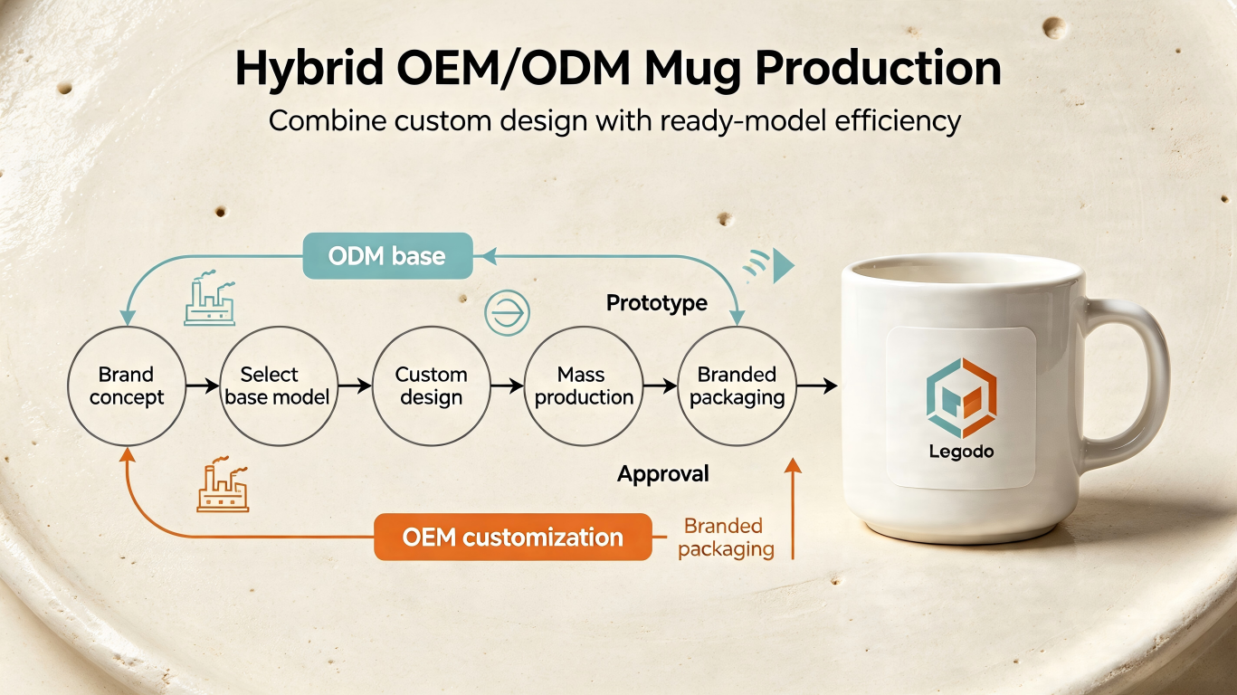 Hybrid OEM/ODM Mug Production An ODM ceramic mug being modified with a unique handle, showing the hybrid approach to ceramic mug production