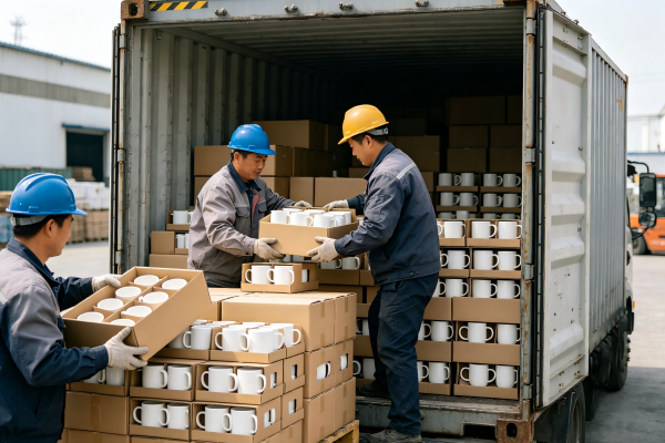 Importing Ceramic Mugs from China A container of ceramic mugs being loaded for export