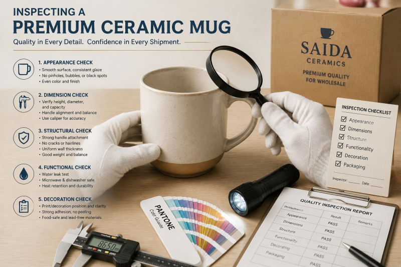 Inspecting a Premium Ceramic Mug A quality control inspector closely examining the glaze on a custom premium ceramic mug.