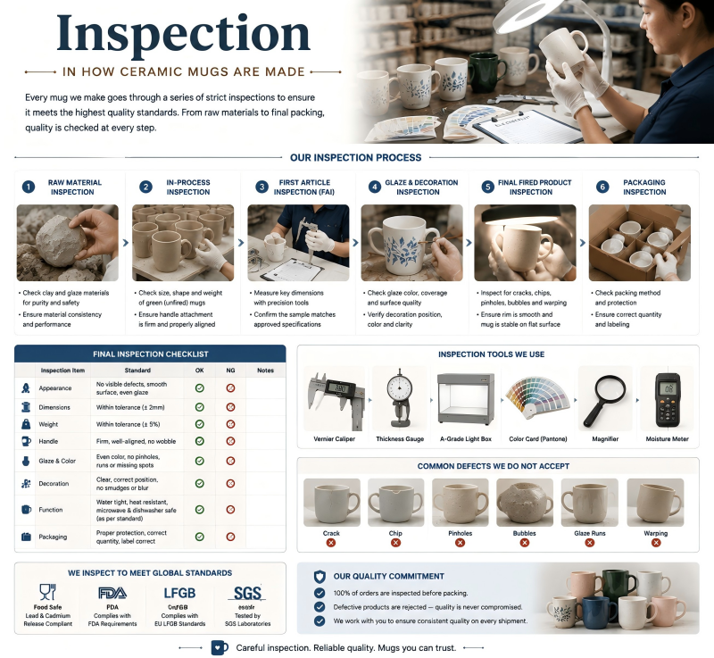 Inspection in how ceramic mugs are made How ceramic mugs are made consistently — inspection stages and buyer checklist
