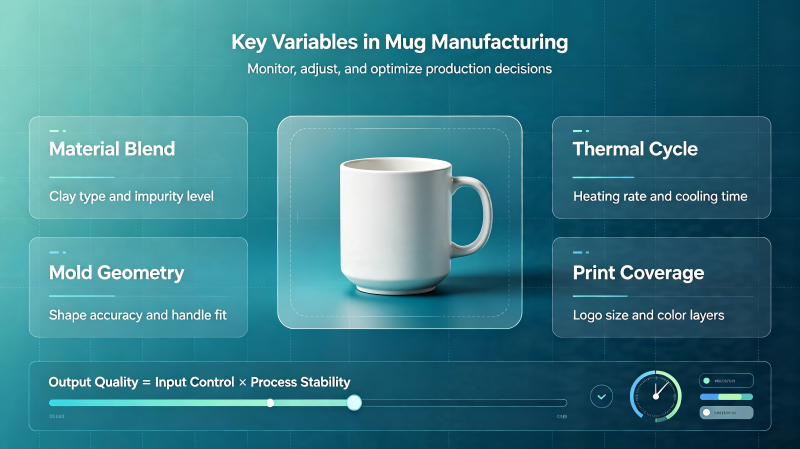 A collection of different ceramic mugs showing various materials, shapes, and printing methods, representing cost factors