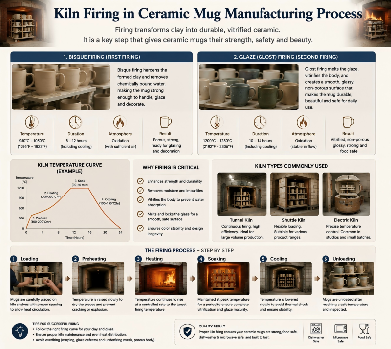 Kiln Firing in Ceramic Mug Manufacturing Process A large industrial kiln being loaded with greenware for bisque firing, showing the scale of a ceramic mug factory process.
