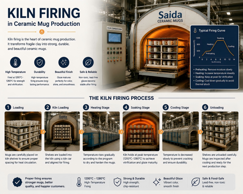 Kiln Firing in Ceramic Mug Production Ceramic mugs entering a large industrial kiln for firing.