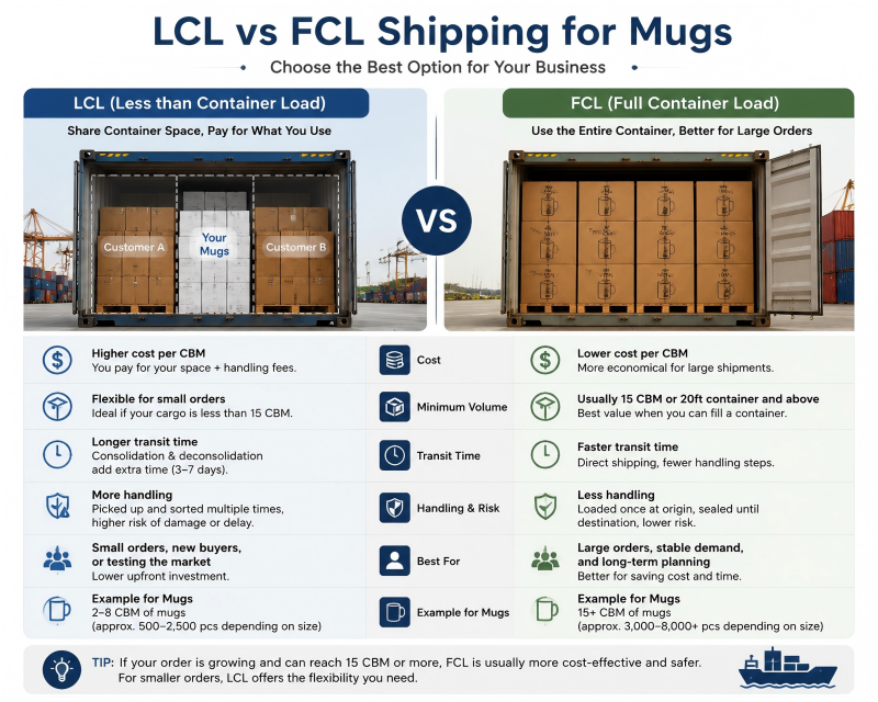 LCL vs FCL Shipping for Mugs Diagram showing LCL vs FCL shipping to explain the shipping impact on mug costs