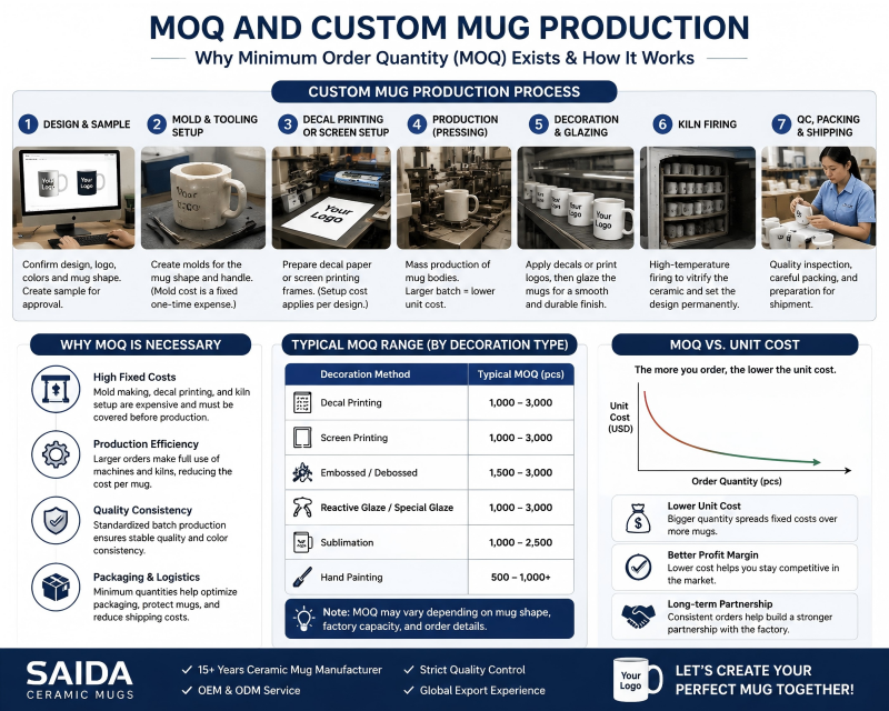 A production line of custom ceramic mugs, showing how MOQ affects ceramic mug pricing