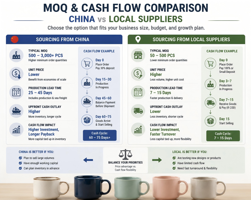 MOQ and cash flow China vs local suppliers for ceramic mugs
