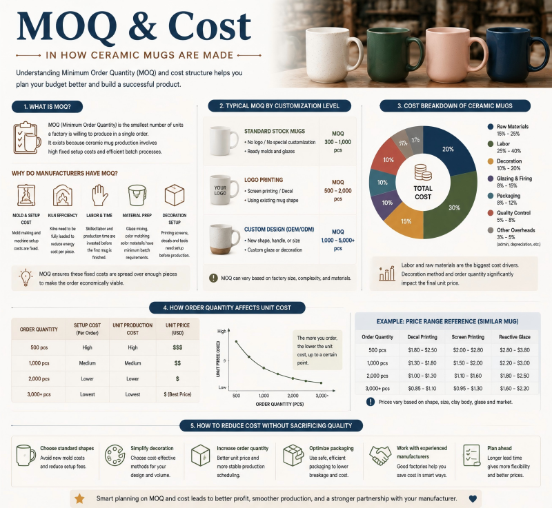 MOQ and cost in how ceramic mugs are made How ceramic mugs are made at scale — MOQs, lead times, and cost breakdown