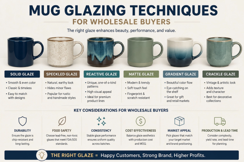 A variety of ceramic mugs showcasing different mug glazing techniques