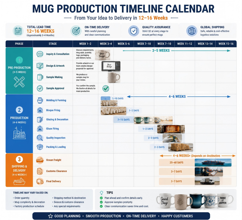A calendar showing a 5-month mug production timeline for a Christmas promotion.