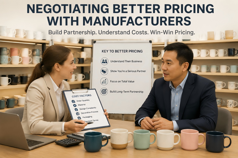 Negotiating Better Pricing with Manufacturers A professional buyer and a factory manager discussing how to negotiate better pricing with manufacturers in a ceramic mug showroom.