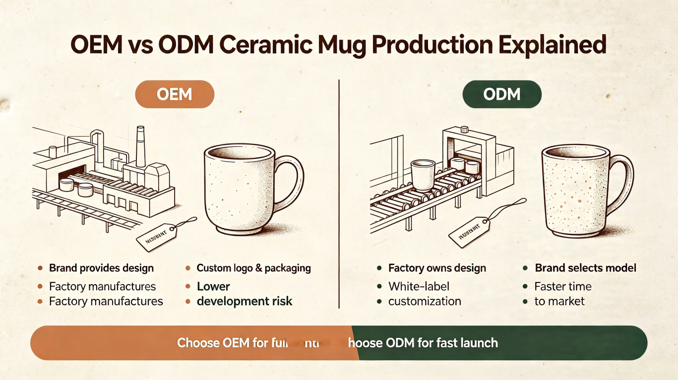 OEM vs ODM Ceramic Mug Production Explained A split image showing the process of OEM vs ODM ceramic mug production, with a blueprint on one side and a catalog of mugs on the other