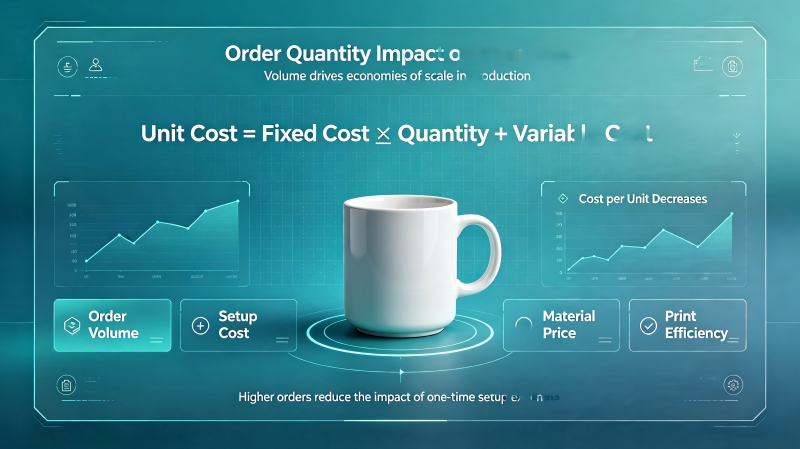 A graph showing the per-unit cost of a custom mug decreasing as the order quantity increases